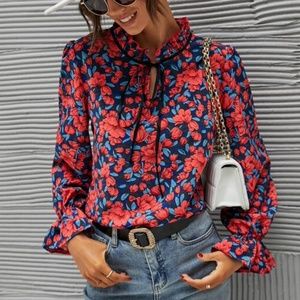Stylish Floral Blouse - Blue & Red